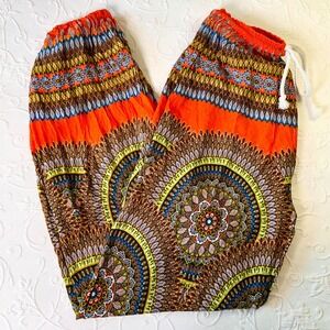Orange Mandala Print Harem Pants Boho‎ Hippie Cotton Joggers Made in Thailand OS